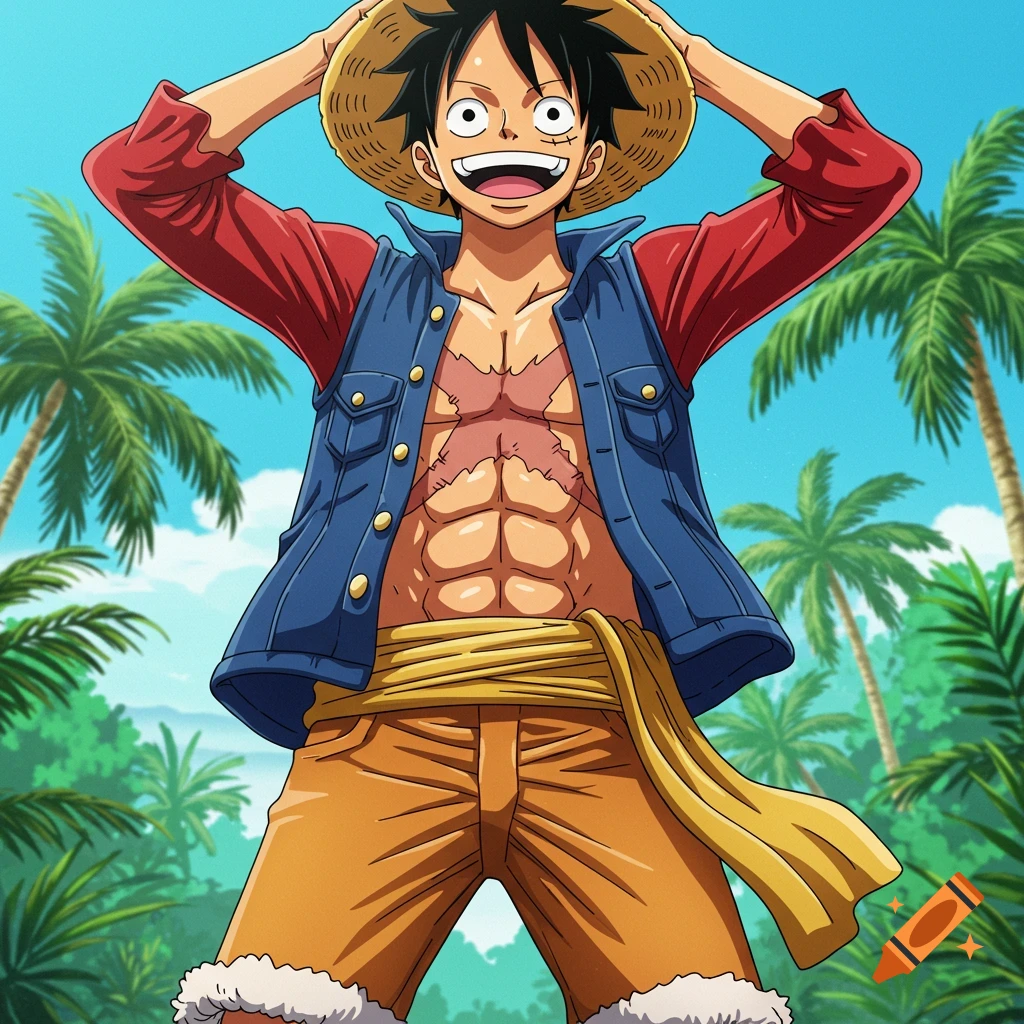 Anime style illustration of Monkey D. Luffy in a tropical setting.