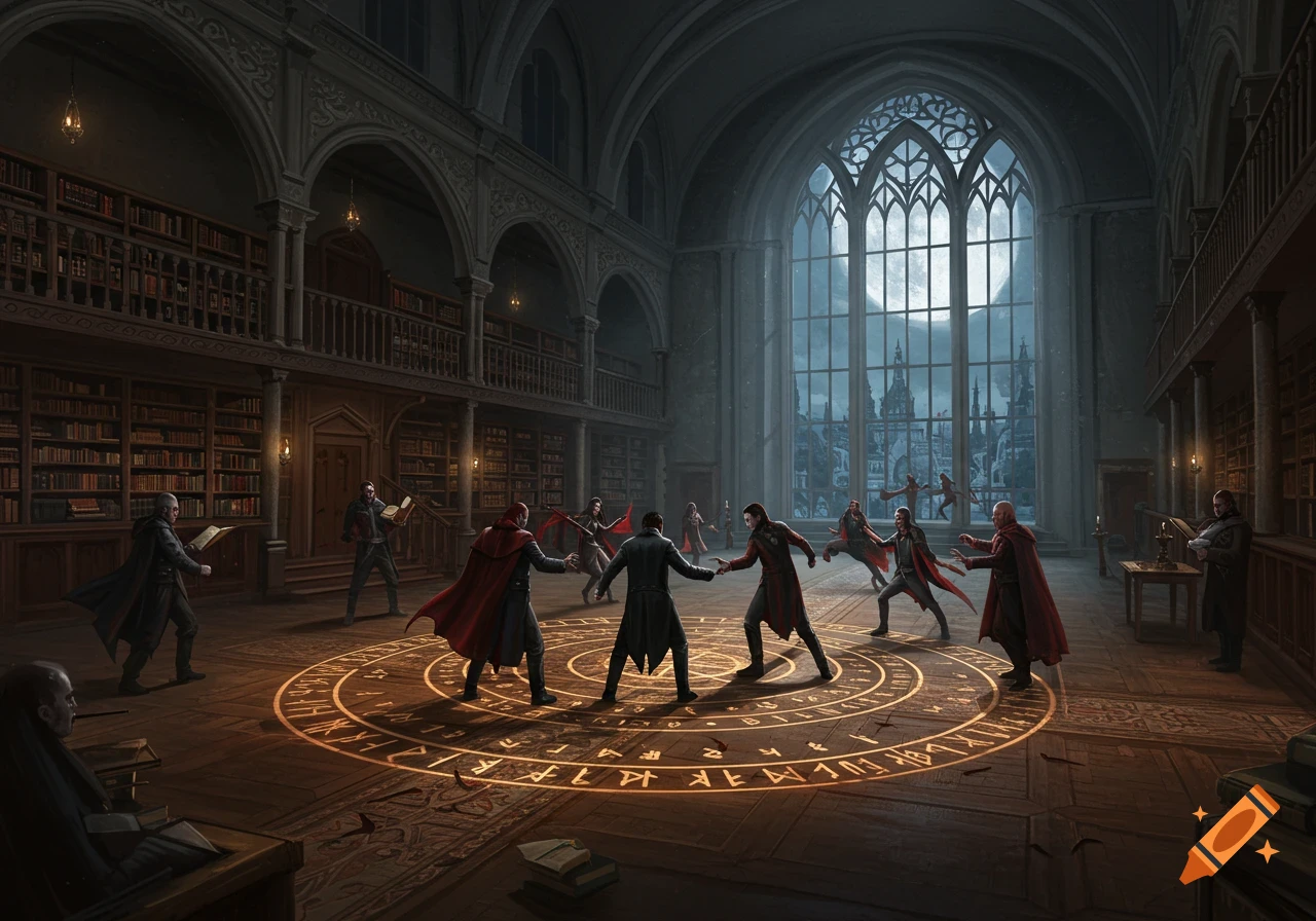 Figures fighting on a glowing rune circle in a large gothic library.