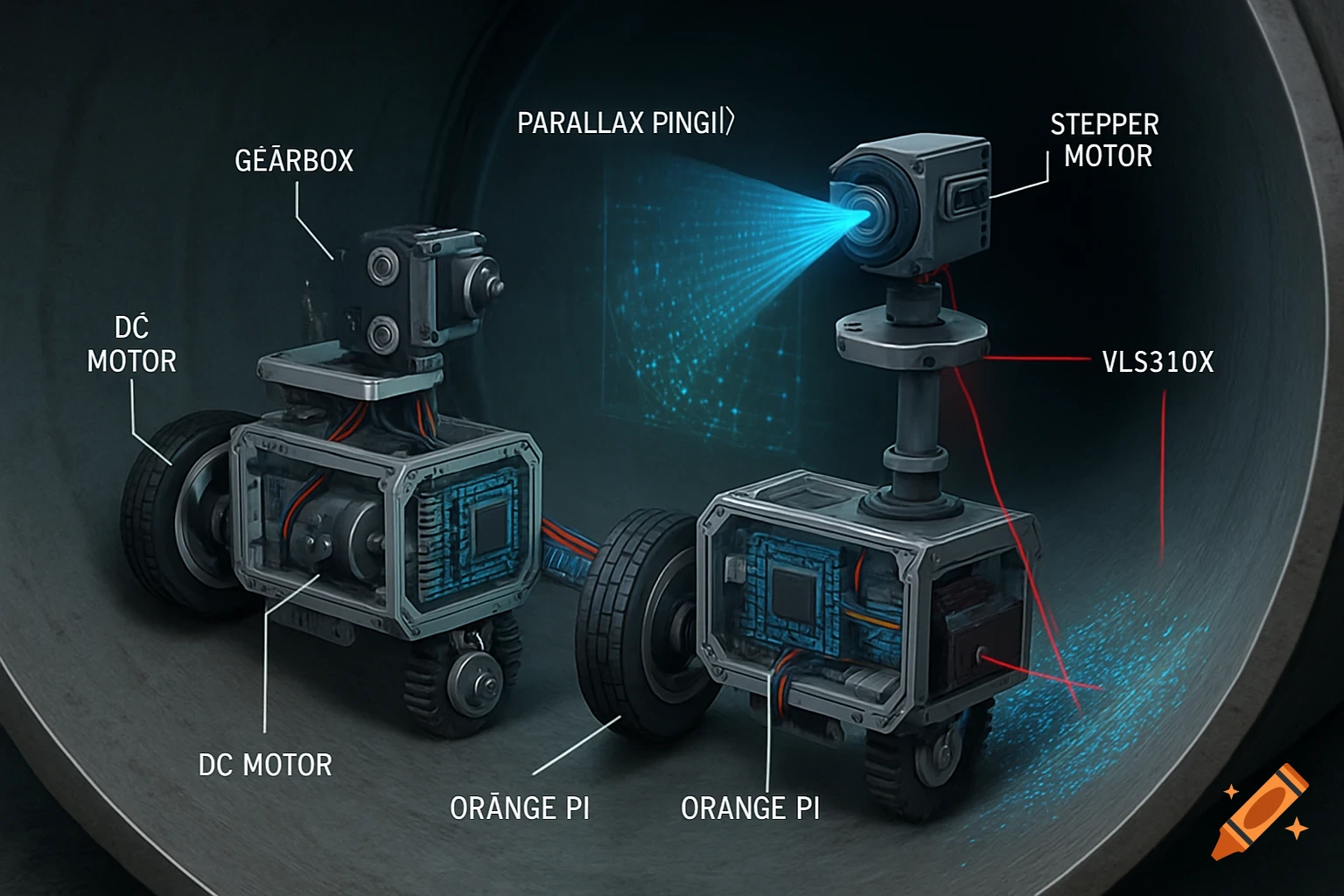 Technical illustration of a robot pipe inspection system with sensors and motors labeled.