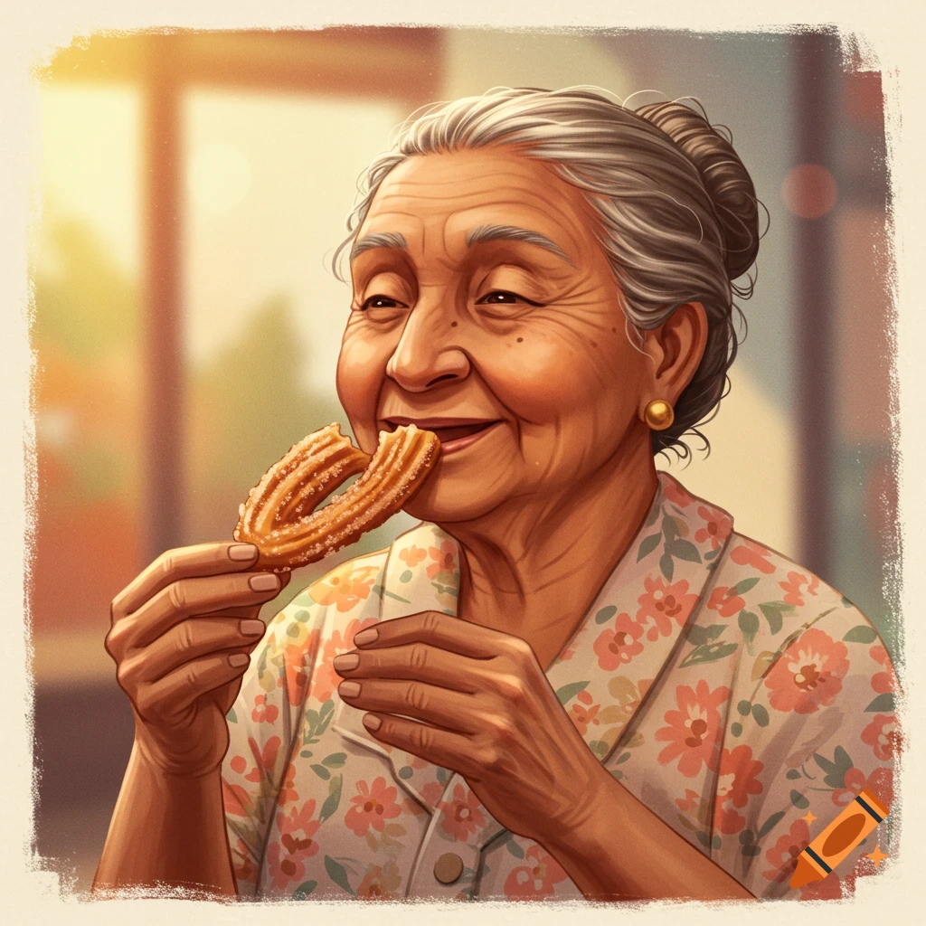 An elderly woman is smiling and eating a churro.