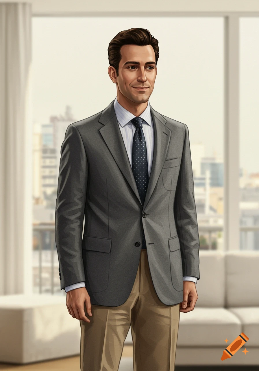 A man in a grey suit jacket and tan slacks is standing by a window.