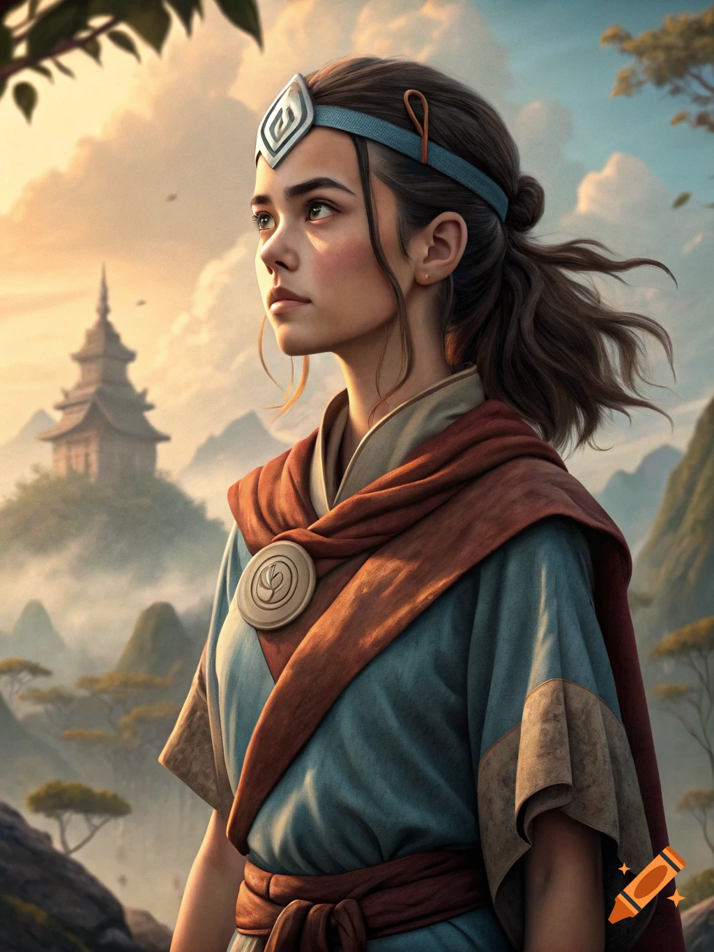 A young woman in a blue tunic and red cloak, wearing a silver headband, looks upwards in a fantasy landscape with a temple and mountains.