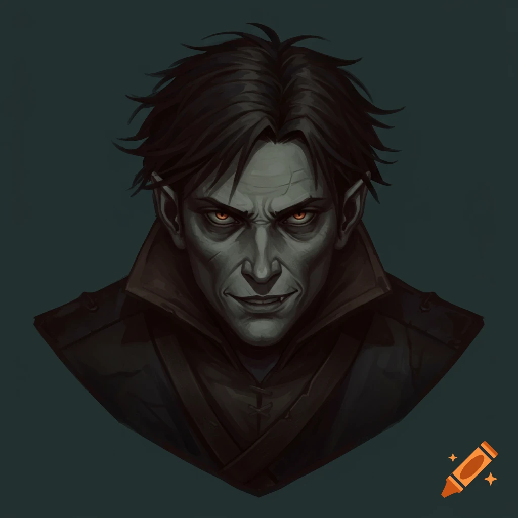 A stylized portrait of a male character with pale skin, red eyes, fangs, and pointed ears, looking cunningly.
