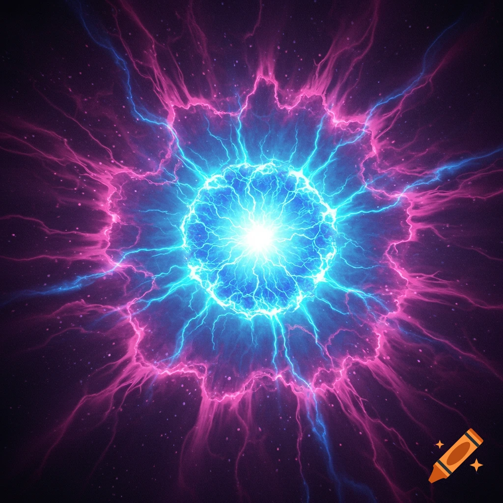 A bright blue energy sphere radiating vibrant pink and blue light in space.