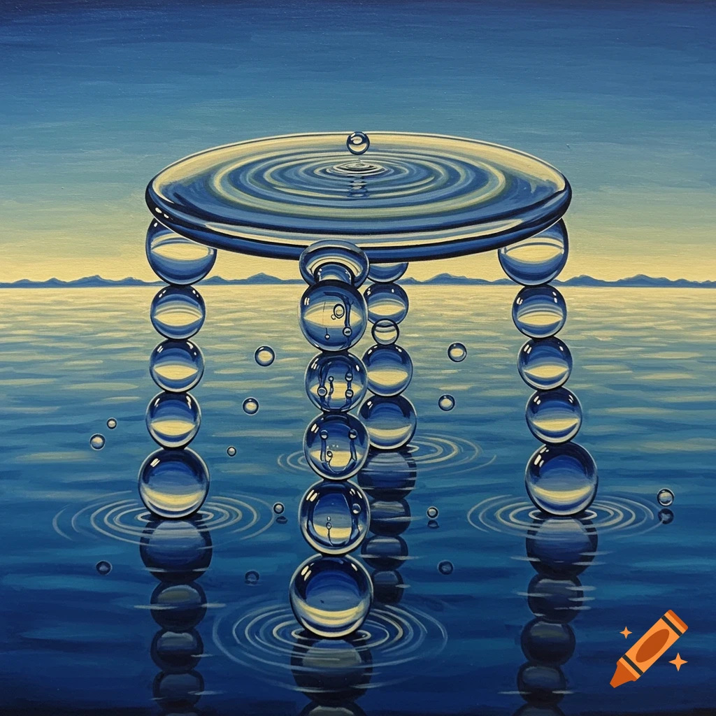 A surreal stool made of water bubbles stands on the surface of a lake at sunset.