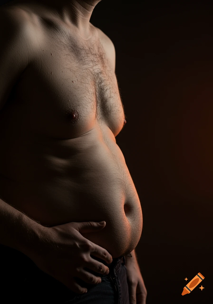 Close-up of a man's torso and belly with dramatic lighting, hands resting on stomach.