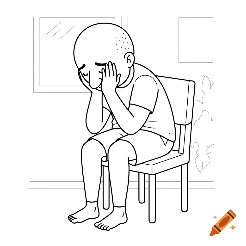 Line drawing of a bald man sitting on a chair with his head in his hands, in a colouring book style.