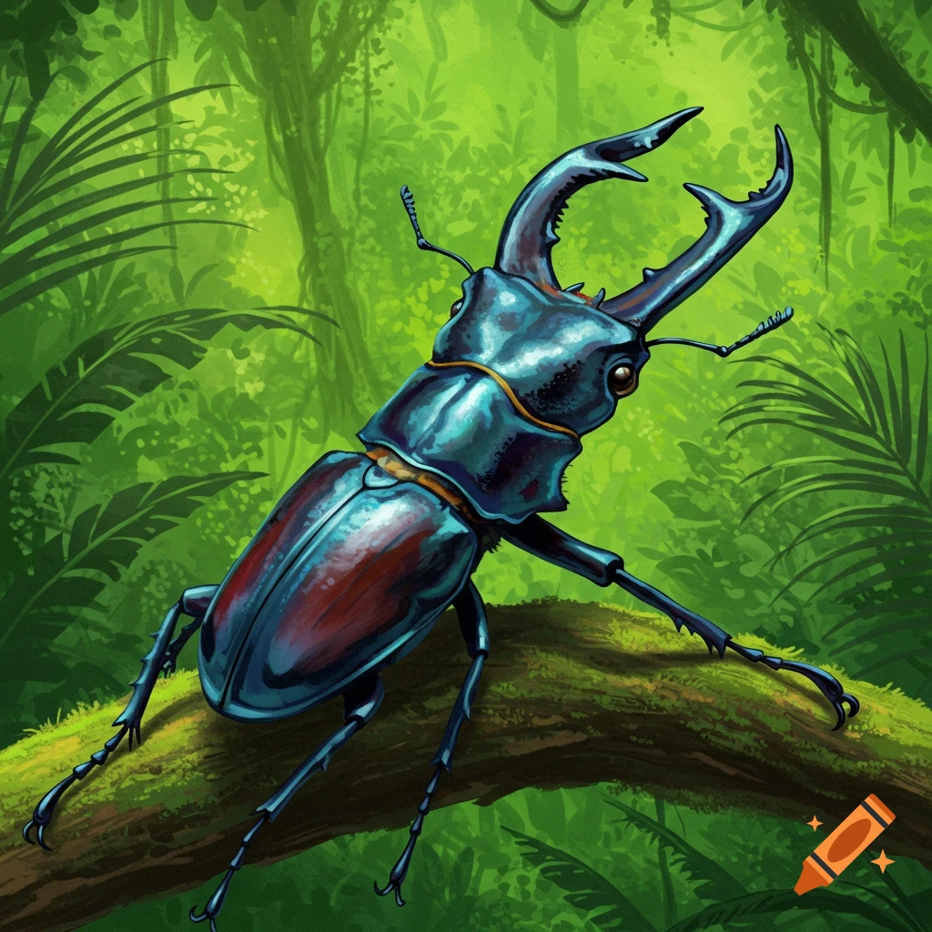 A stag beetle sits on a branch in a jungle.