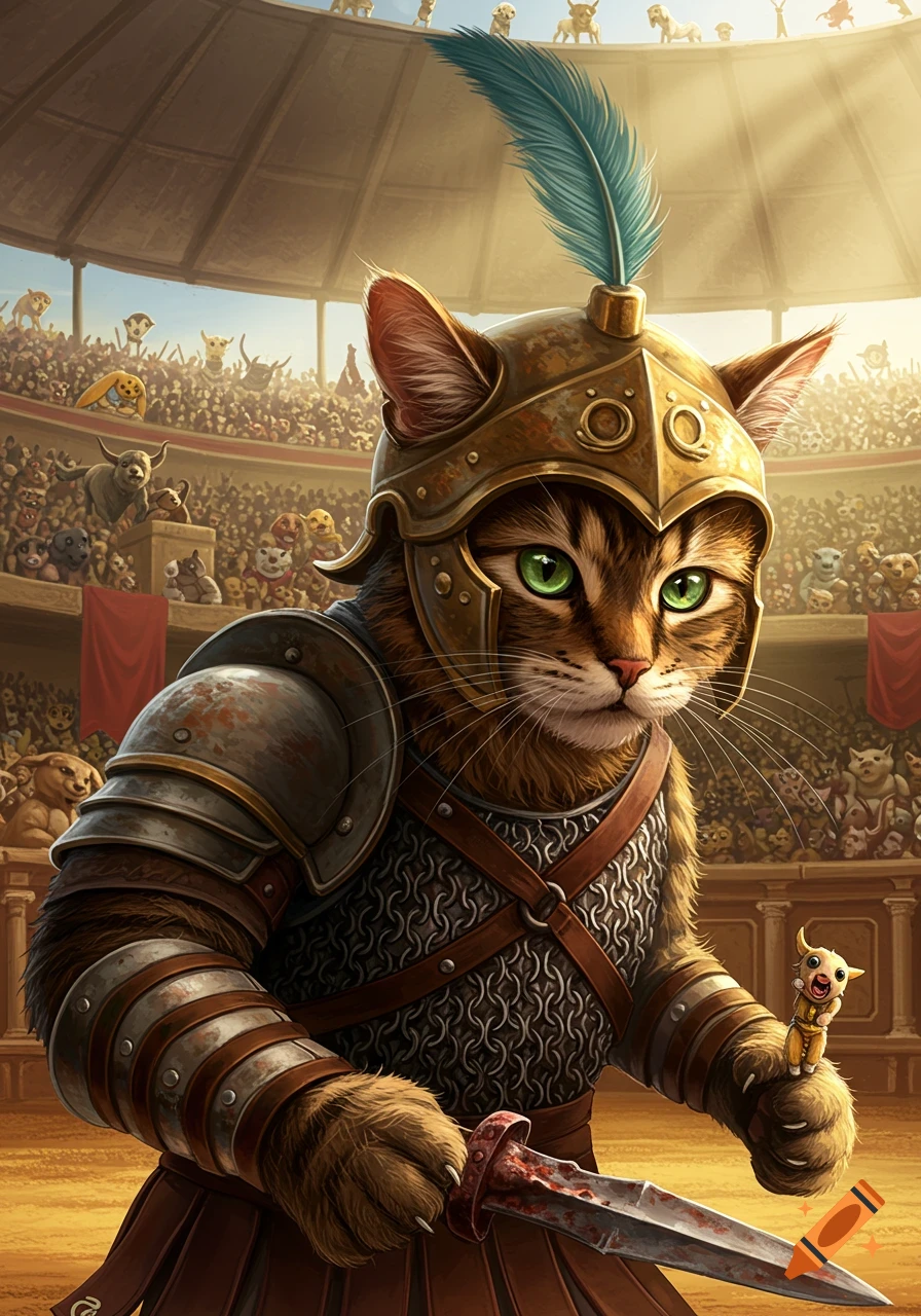 A cat in gladiator armor holds a bloody sword in an arena with animal spectators.