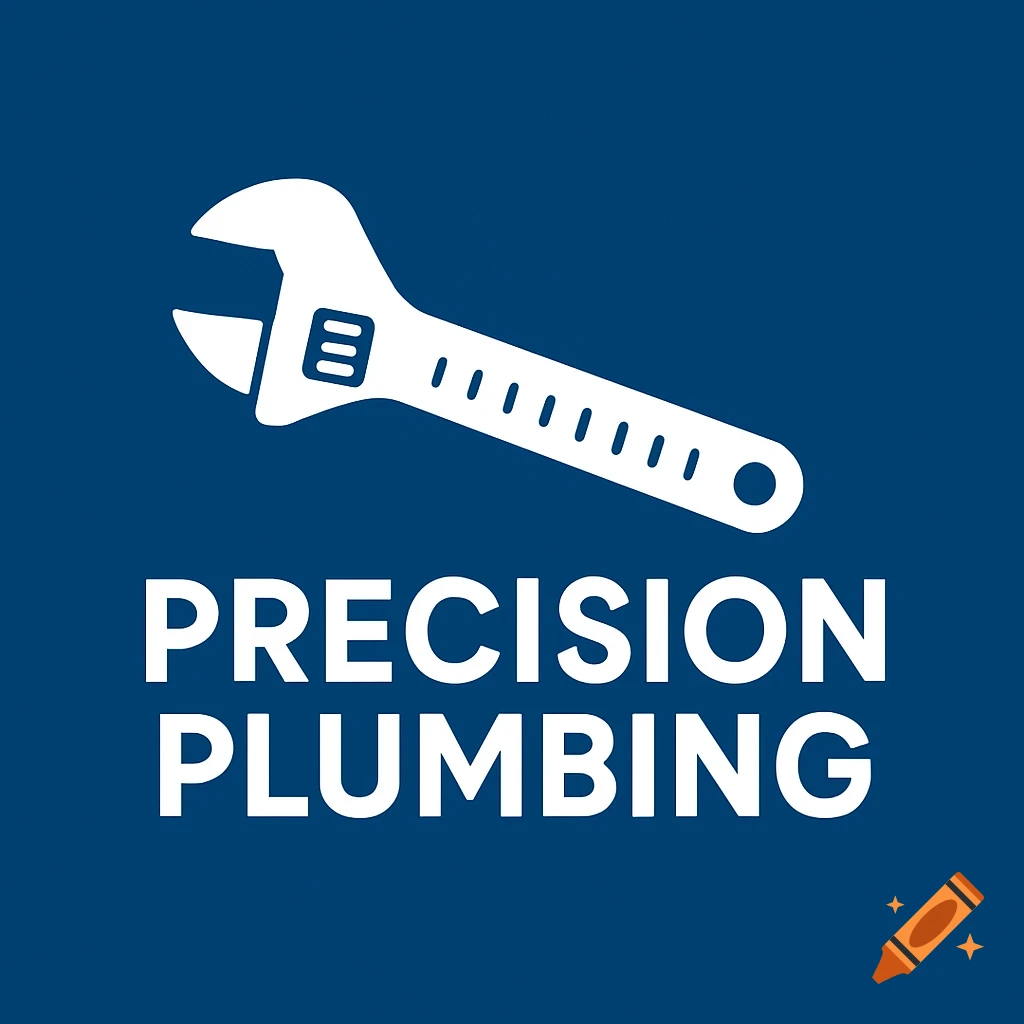 Logo for Precision Plumbing with a white wrench on blue.