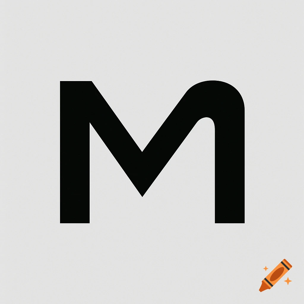 Black letter M logo with angular left and rounded right on gray background.