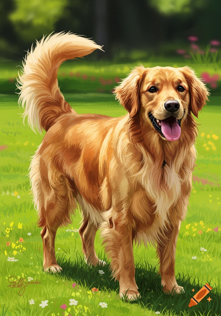 A golden retriever standing in a field.