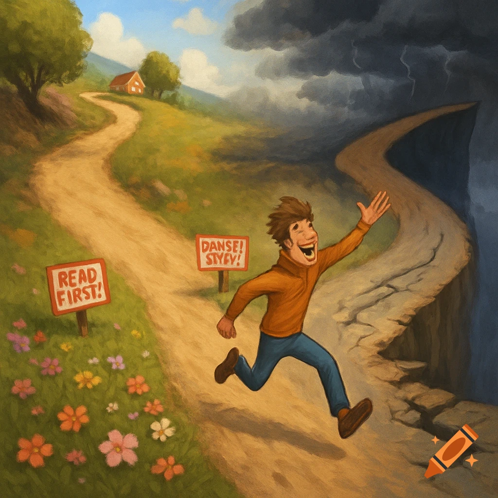 A person is running happily down a sunny path towards a storm and cliff.  They are ignoring signs that say 'READ FIRST!' and 'DANSE! SIYEY!'