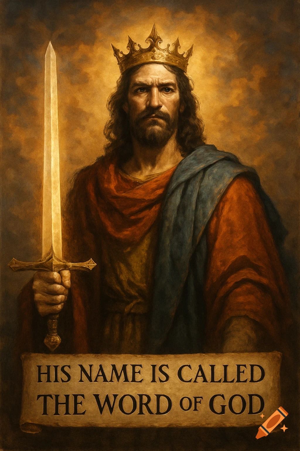 A robed figure wearing a crown and holding a sword stands before a banner that reads "HIS NAME IS CALLED THE WORD of GOD".