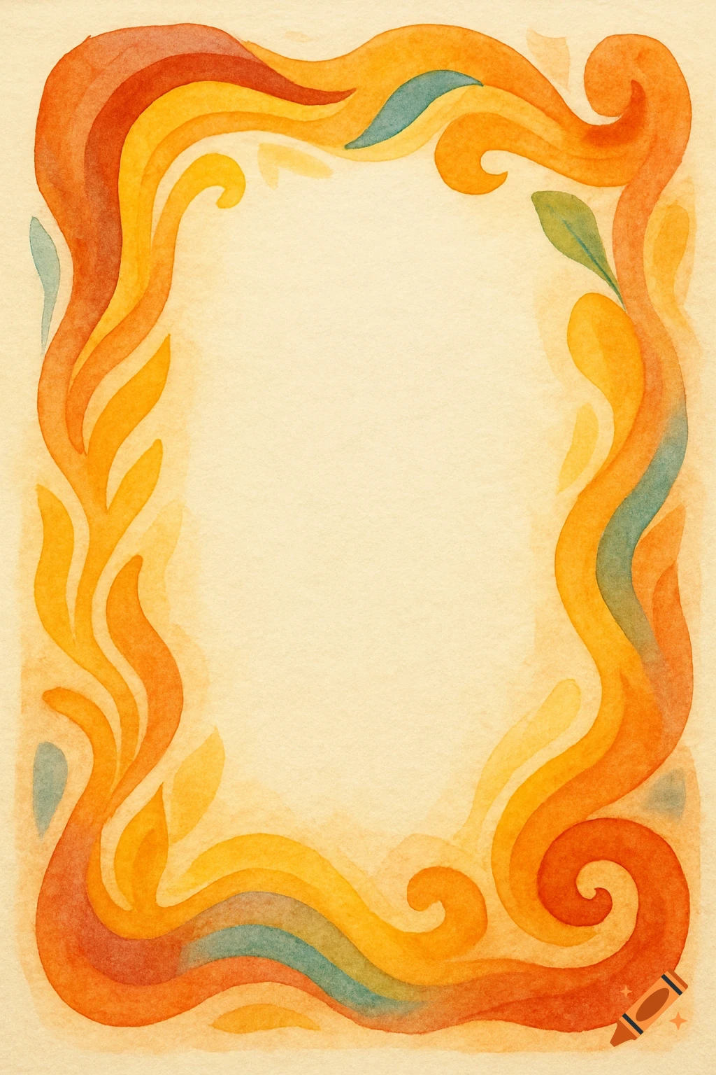 A watercolor painting of a freeform border in warm red, orange, yellow, and blue colors surrounding a blank space.