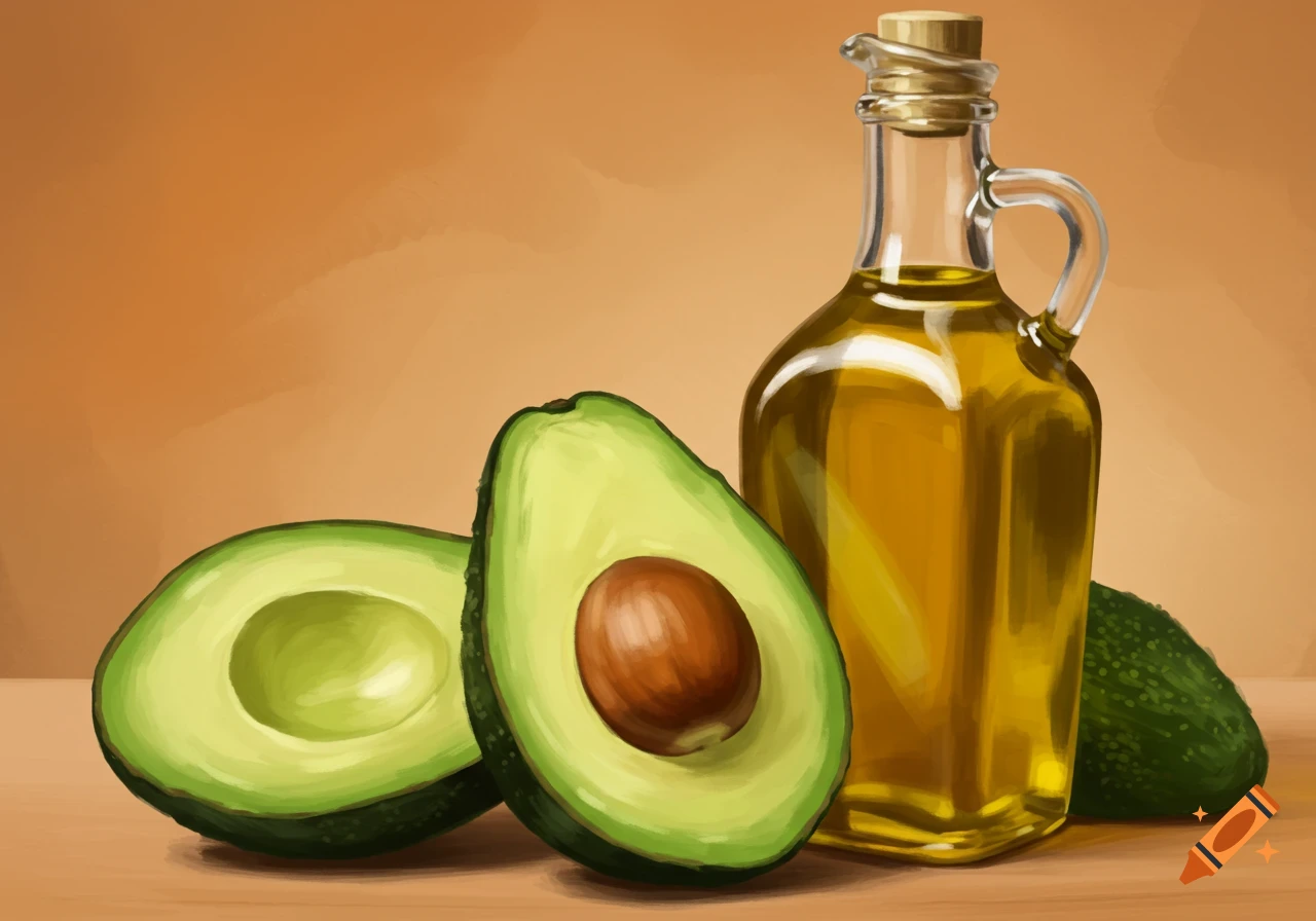 Halved avocados and a bottle of oil.