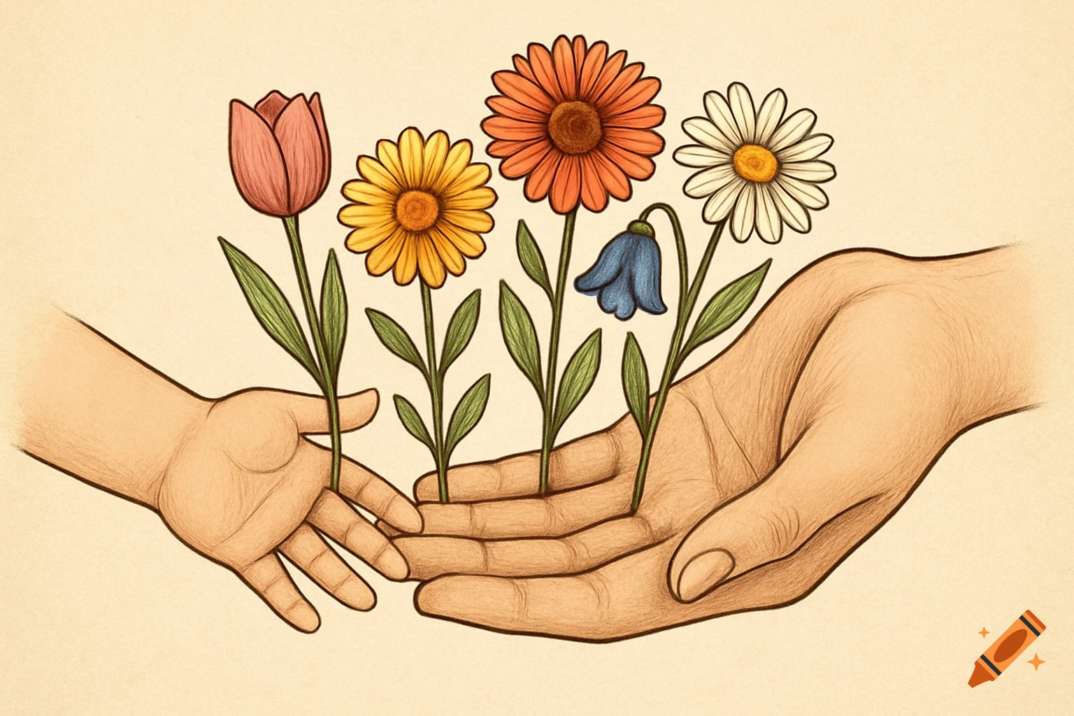 Illustration of hands holding colorful flowers