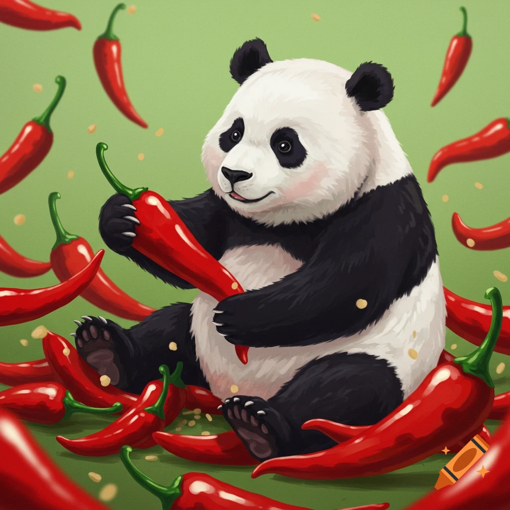 A panda surrounded by red chili peppers