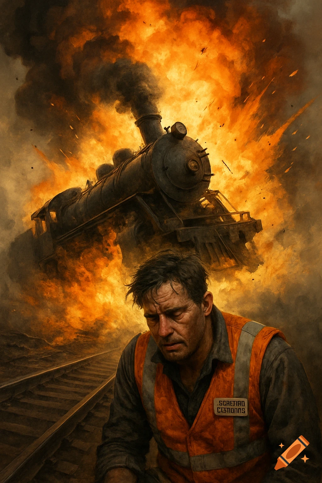 An exhausted railroad worker looks down as a steam locomotive explodes behind him on railway tracks.