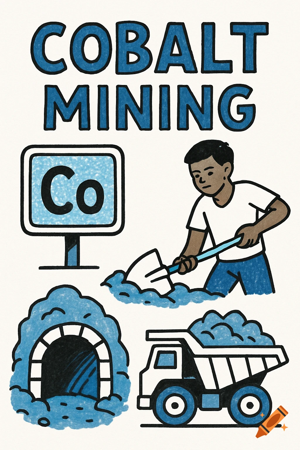 Illustration about cobalt mining with text, showing a miner, mine entrance, and dump truck.