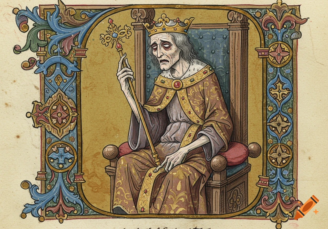 Medieval manuscript drawing of a sickly king seated on a throne with an ornate border.