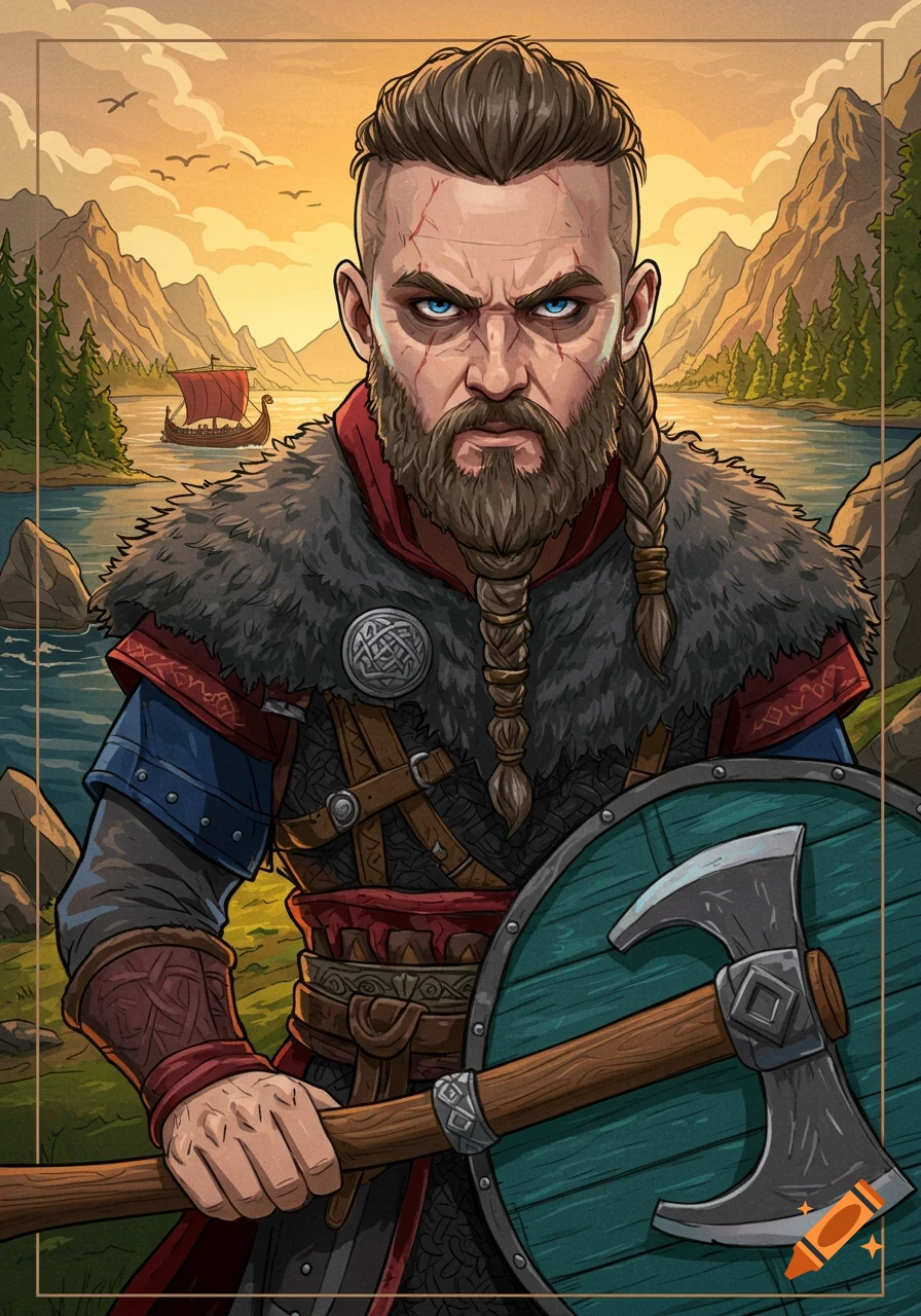 A male viking with an axe and shield, standing in a landscape with mountains and a longship.