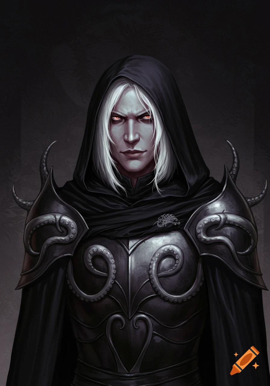 A dark fantasy portrait of a man with white hair and red eyes, wearing a hooded cloak and dark armor adorned with tentacle motifs.