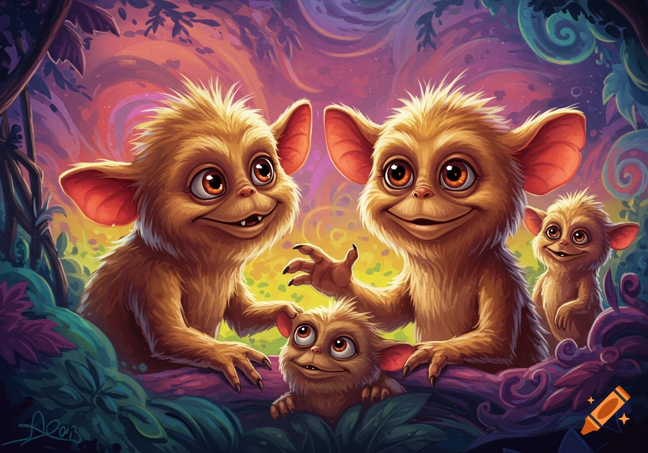 Several small, furry, cute fantasy creatures with large eyes and ears in a colorful forest.