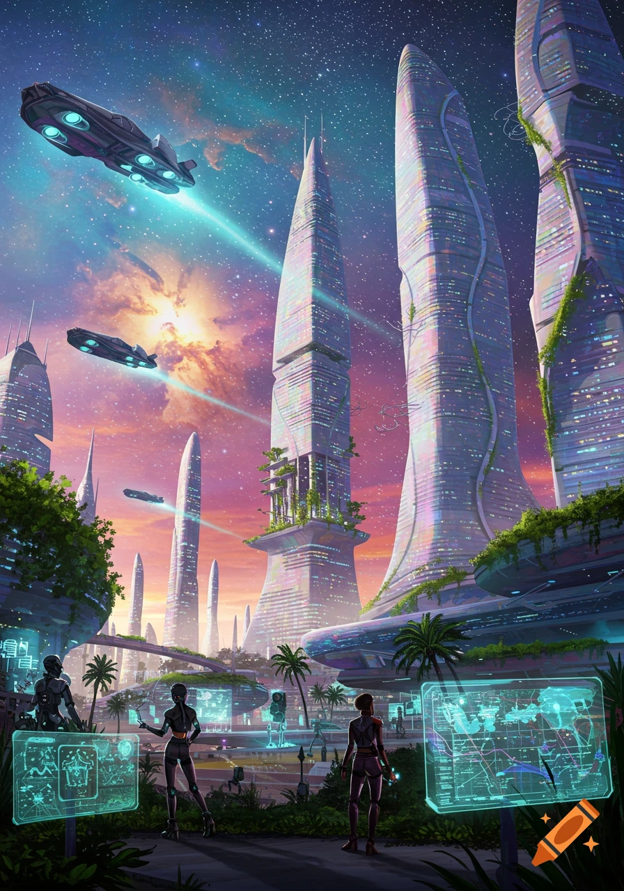 A futuristic city with tall buildings, flying spaceships, and people viewing holographic displays under a starry sky.