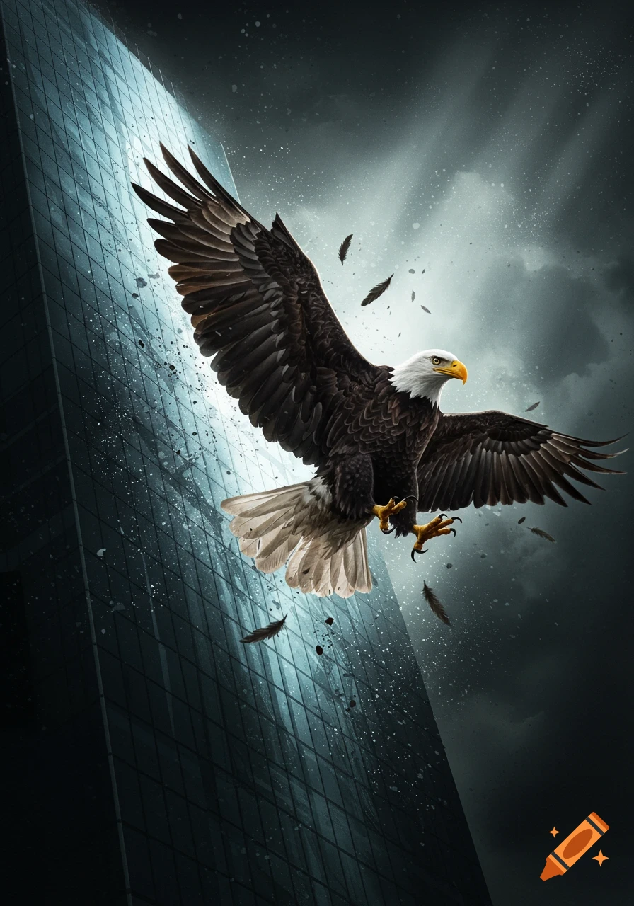 A bald eagle flying near a glass building with debris in the air.