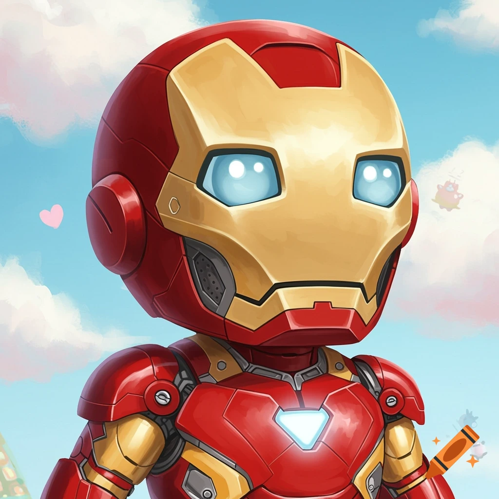 A cute, cartoonish chibi-style Iron Man character looks forward, standing against a bright blue sky with clouds.