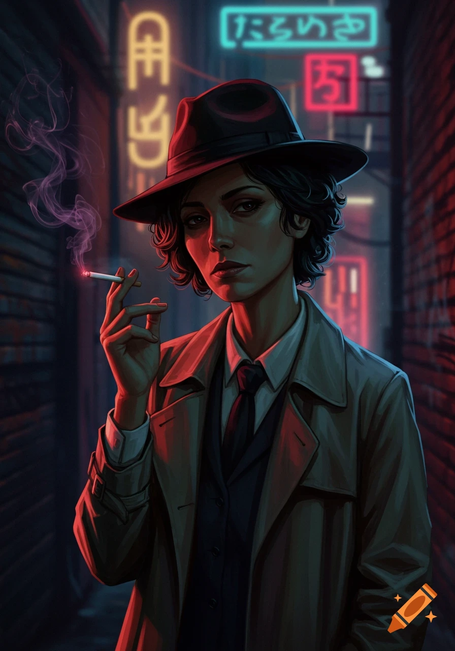 A female detective smoking a cigarette in a neon-lit alley.