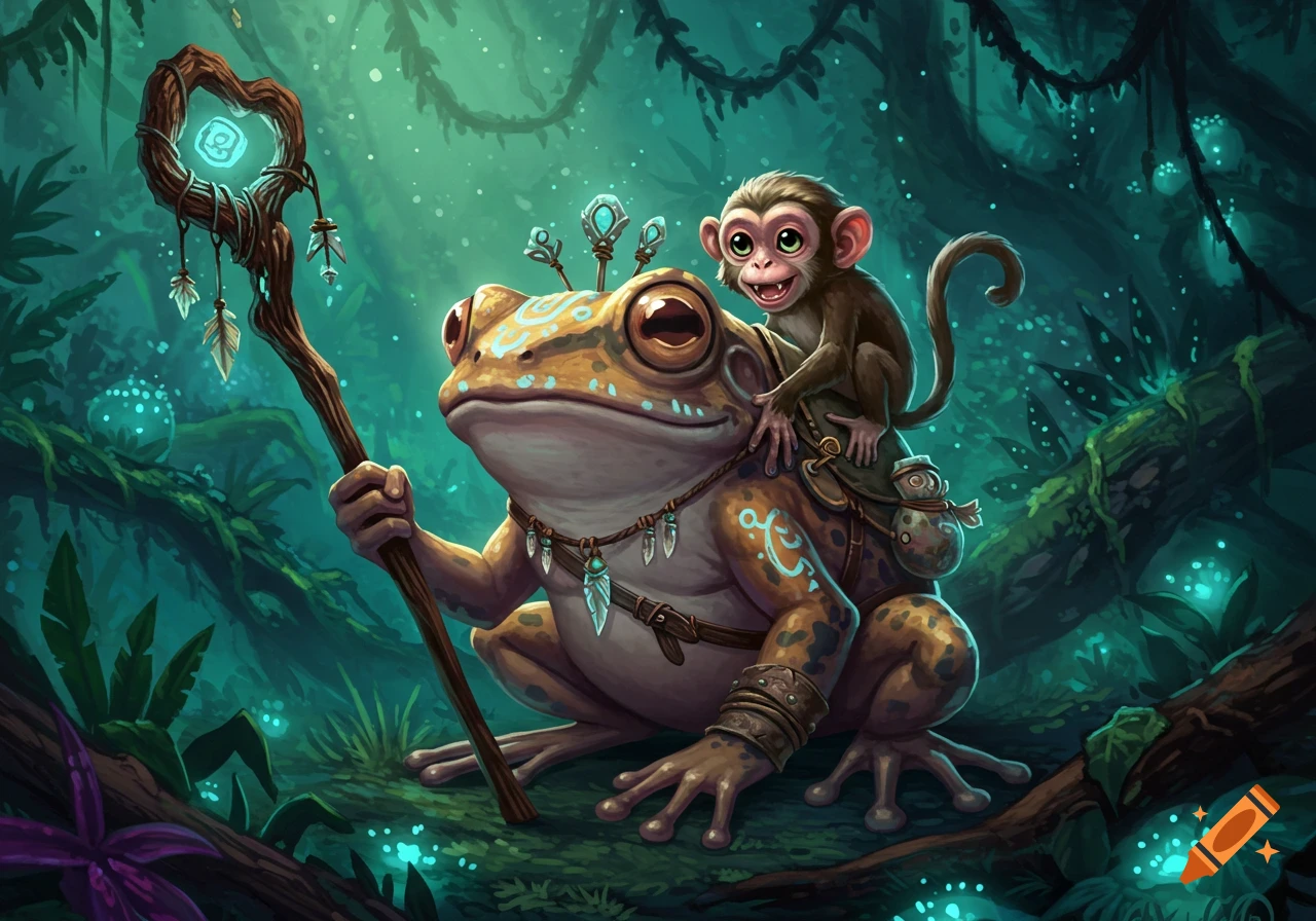 A cartoon monkey rides a mystical frog holding a staff in a glowing jungle.