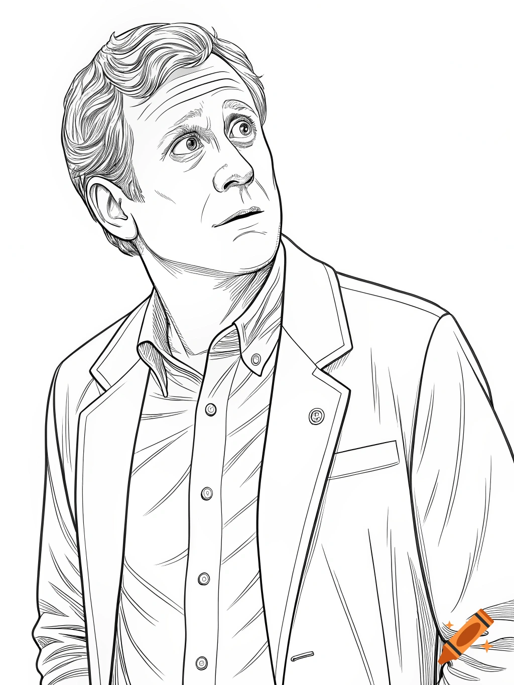 Black and white line drawing of a man (Harry Vanderspeigle) in a shirt and jacket, looking up with a confused expression.