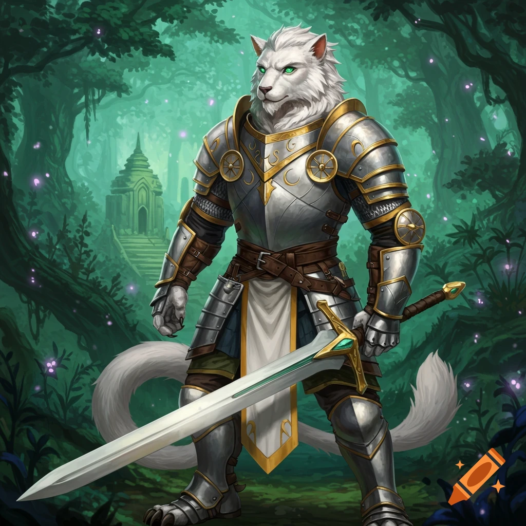 A white anthropomorphic lion in detailed fantasy armor stands with a sword in a forest.