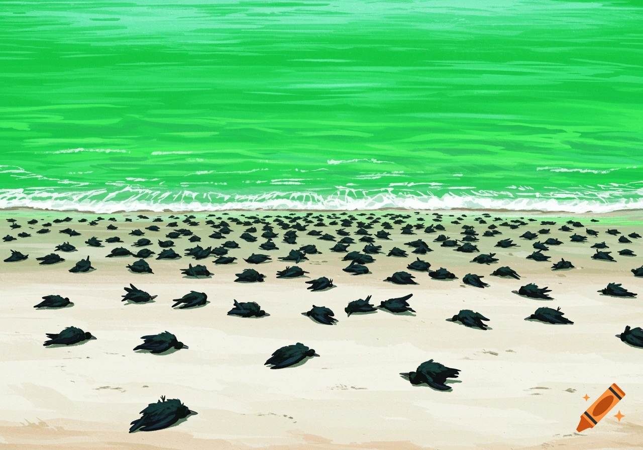 A beach covered in dead blackbirds with a luminous green ocean.