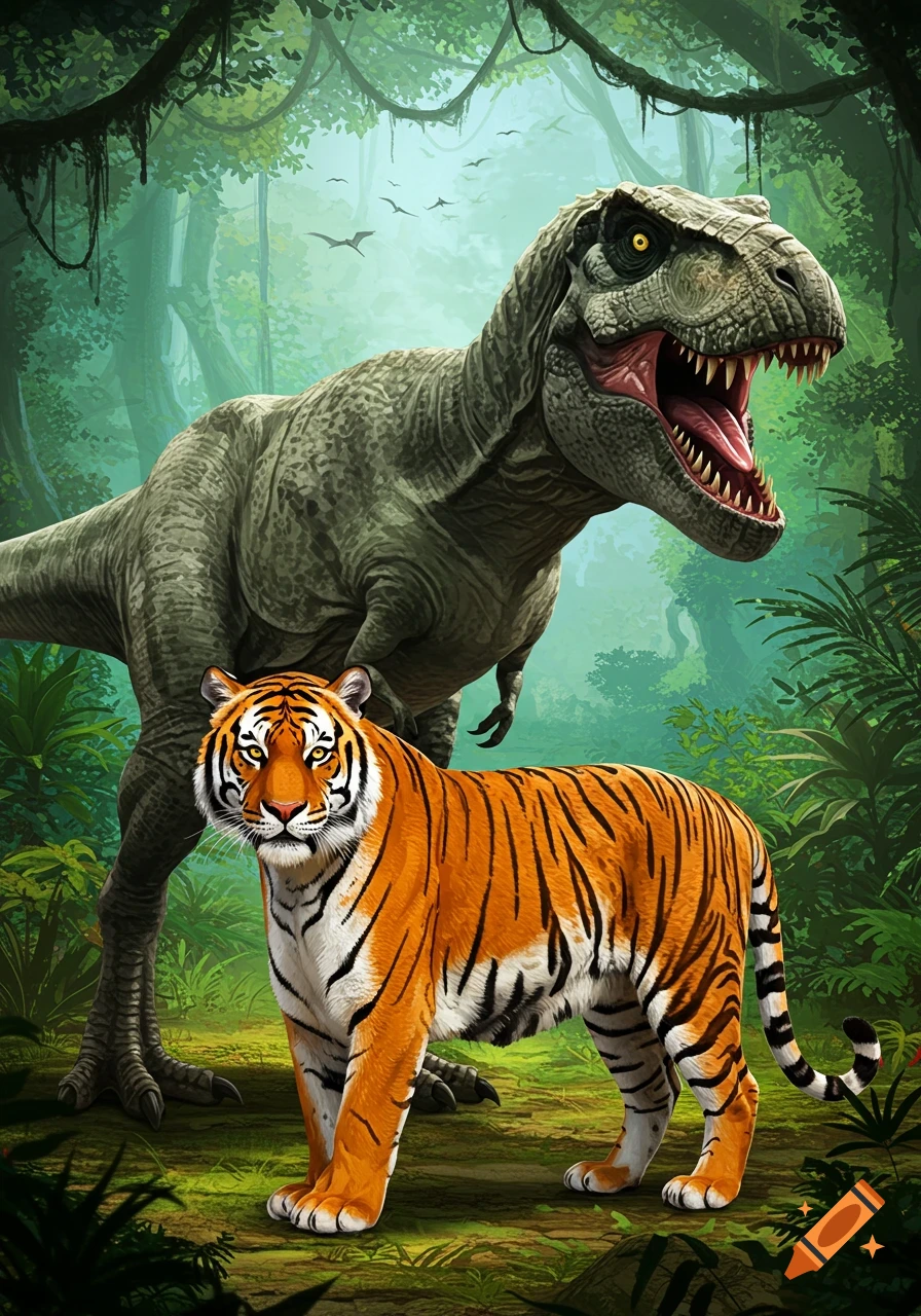 A tiger stands next to a Tyrannosaurus Rex in a dense jungle.