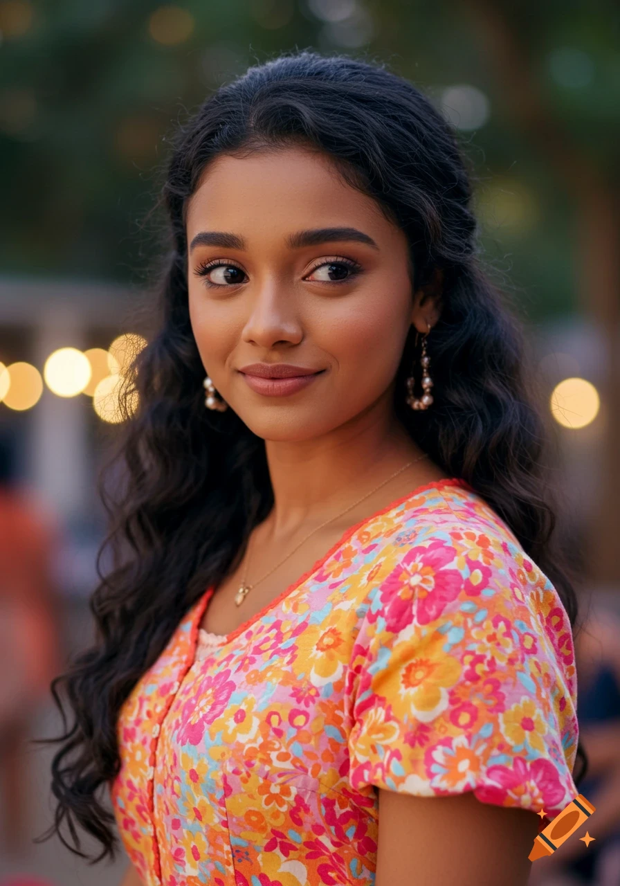 Close-up portrait of a young woman smiling, wearing a bright floral dress with blurred background lights.