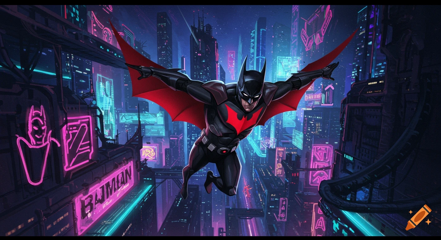 Batman Beyond flies over a neon futuristic city at night.