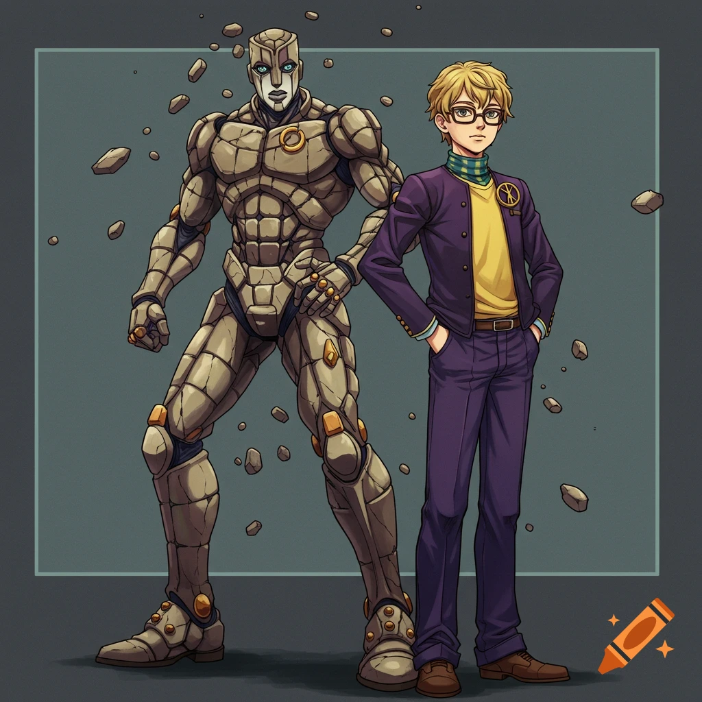 Anime style image of a person and a humanoid rock stand.