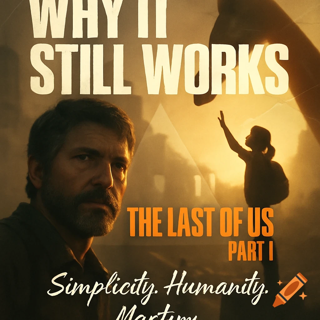 Poster for The Last of Us featuring Joel's face, Ellie's silhouette reaching, and text overlay.