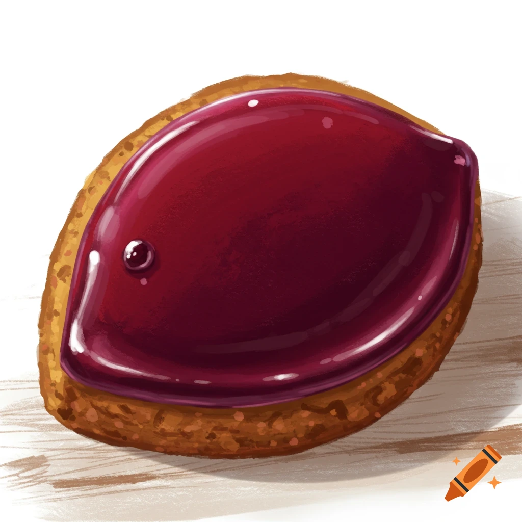 A cookie topped with shiny red jelly, on a wooden surface.