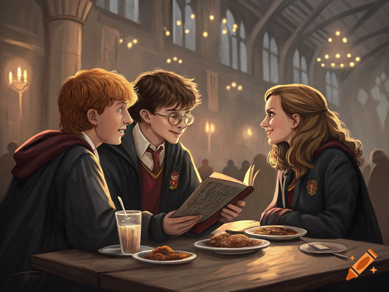 Illustration of three young students in robes looking at a book at a table in a grand hall.