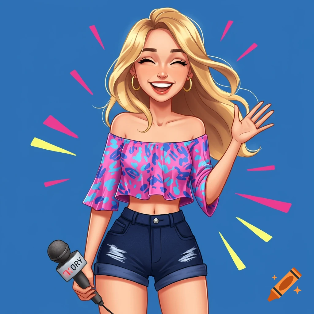 A smiling blonde cartoon woman in a colorful crop top and shorts holds a microphone and waves.
