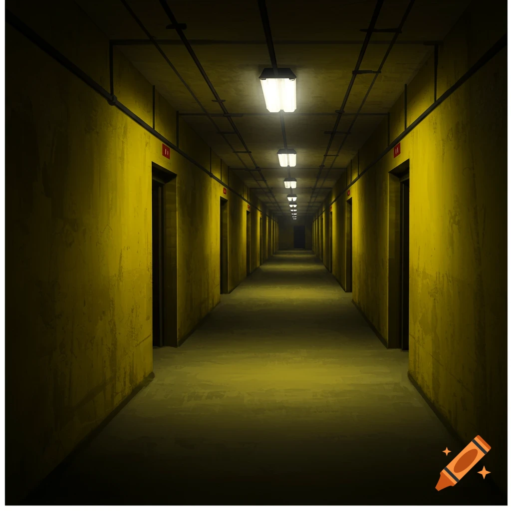 A long, empty hallway with yellow walls and fluorescent lights, lined with elevator doors.