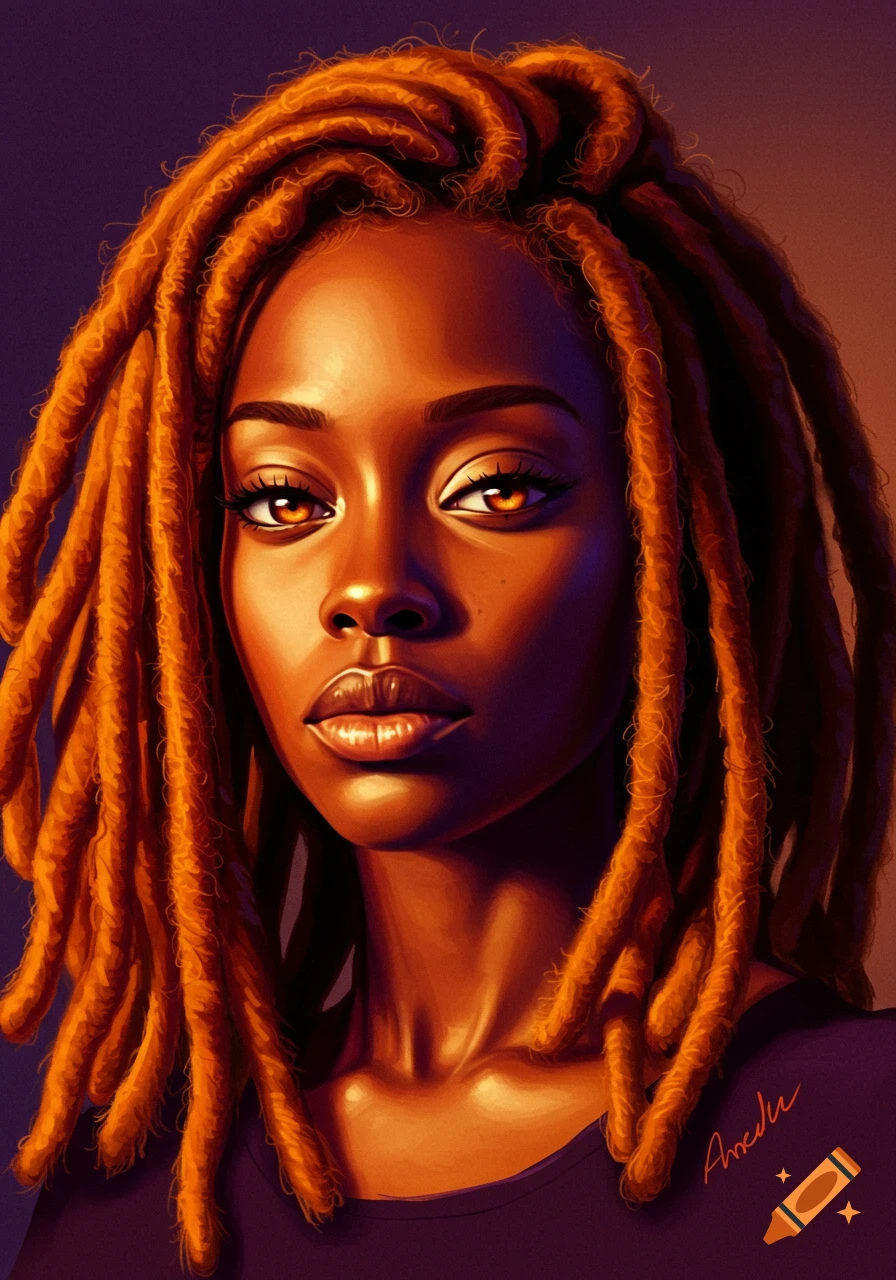 A Black woman with orange dreadlocks and glowing eyes