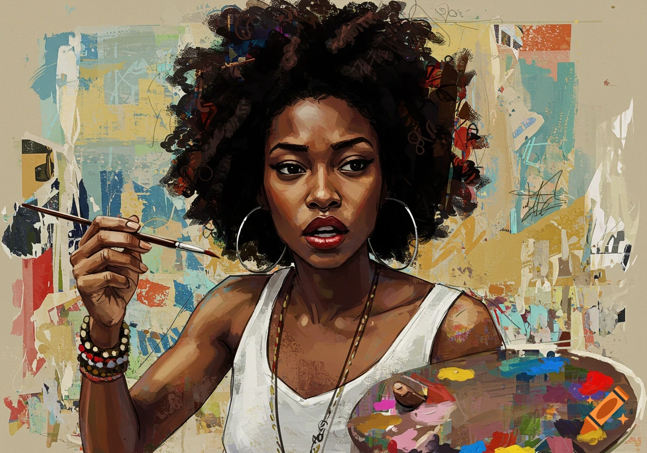 A Black woman artist holding a brush and palette, with an abstract background.