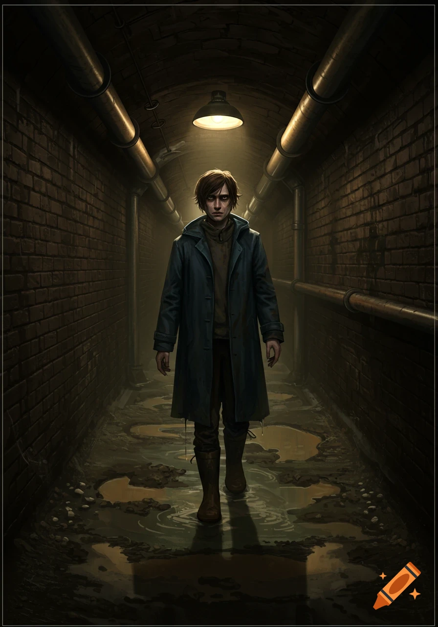 A person walks through a dark, flooded sewer tunnel.
