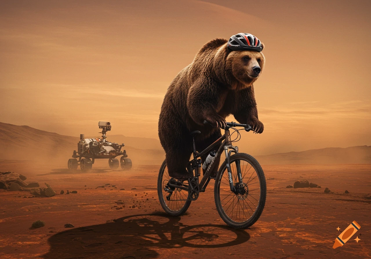 A brown bear wearing a helmet rides a bike on the surface of Mars, with a rover behind it.