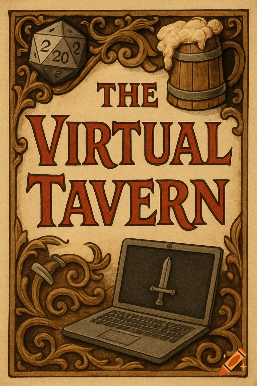 Illustration title card for The Virtual Tavern with a D20, beer mug, and laptop with a sword.